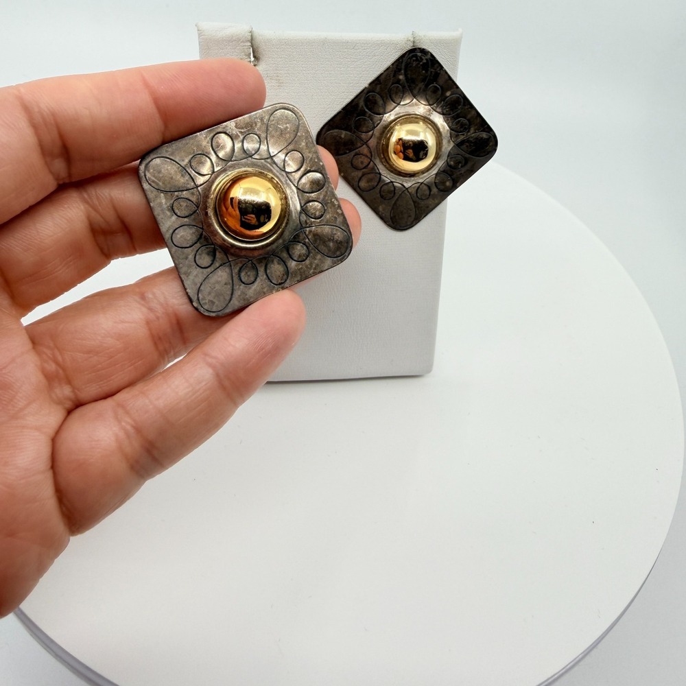 Vintage Bold Two-Tone Geometric Square Stud Earrings Silver & Gold